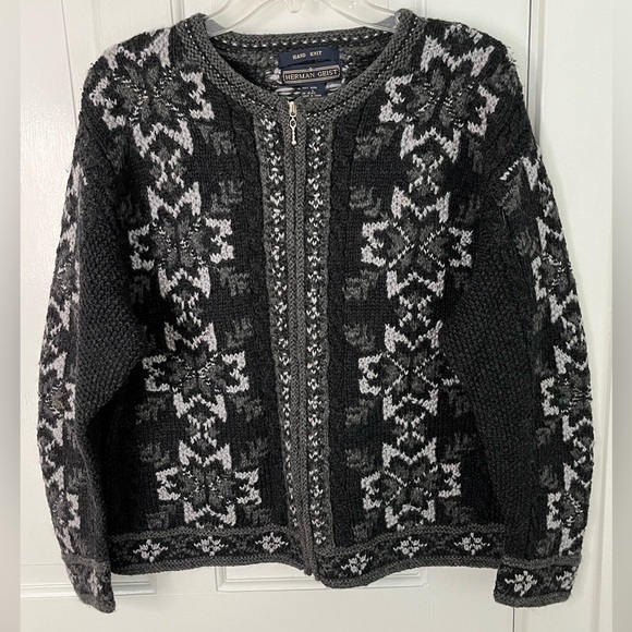 Herman Geist Hand Knit 100% Wool Zippered Cabincore Sweater Cardigan Size Large - Picture 1 of 13